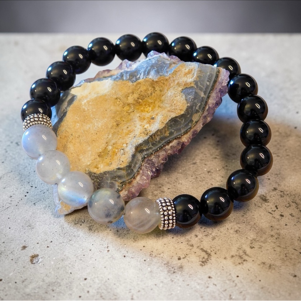 Transformation Labradorite Obsidian Bead Crystal Bracelet Black Silver Flash